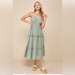 Summertime Sage Green Eyelet Embroidered Cutout Midi Dress